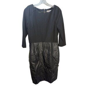 Calvin Klein Black Dress With Quilted Faux Leather Skirt & 3/4 Sleeves Size 8